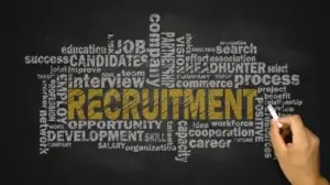Picture of chalk board with the word Recruitment most visible.