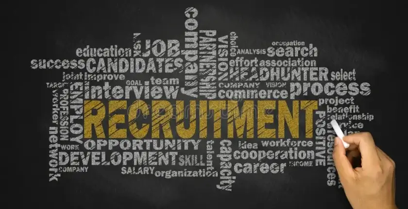 Picture of chalk board with the word Recruitment most visible.